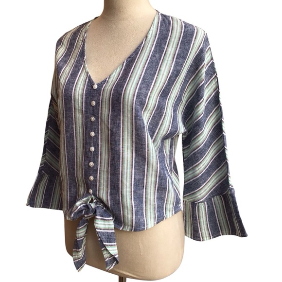 For Cynthia Striped Linen Blend Tie Front Bell Sleeve Crop Shirt - Picture 4 of 9
